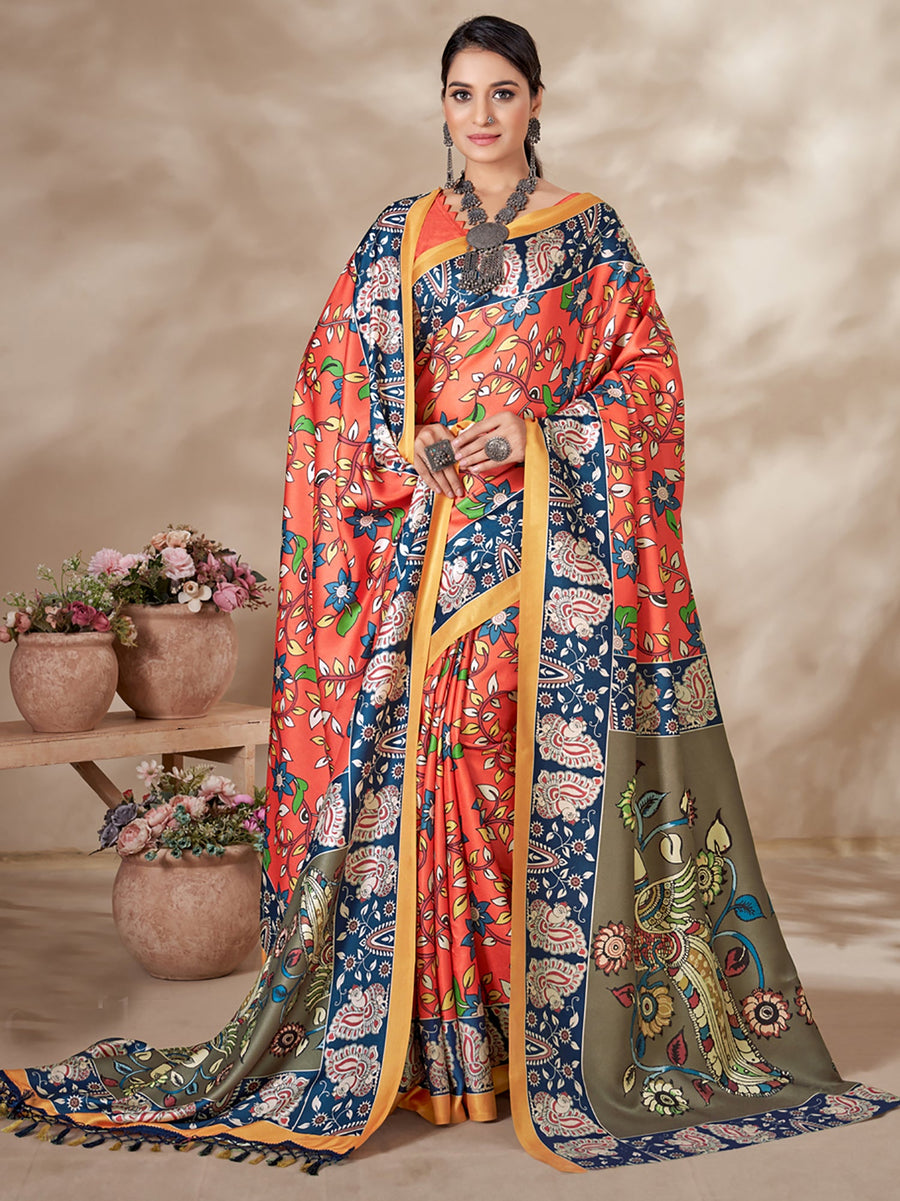 Buy Orange digital printed Pashmina saree with shawl