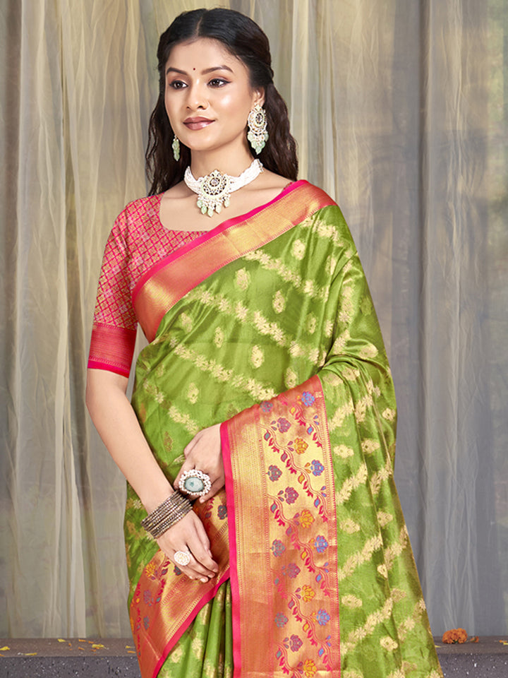 Buy Parrot Green Designer Silk Saree with Jacquard Designer Work
