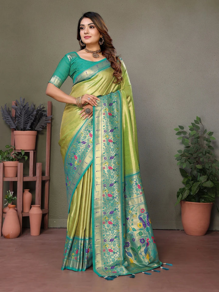 Buy Parrot Green Luxurious Banarasi Tissue Silk Saree with Paithani Designer Work Blouse
