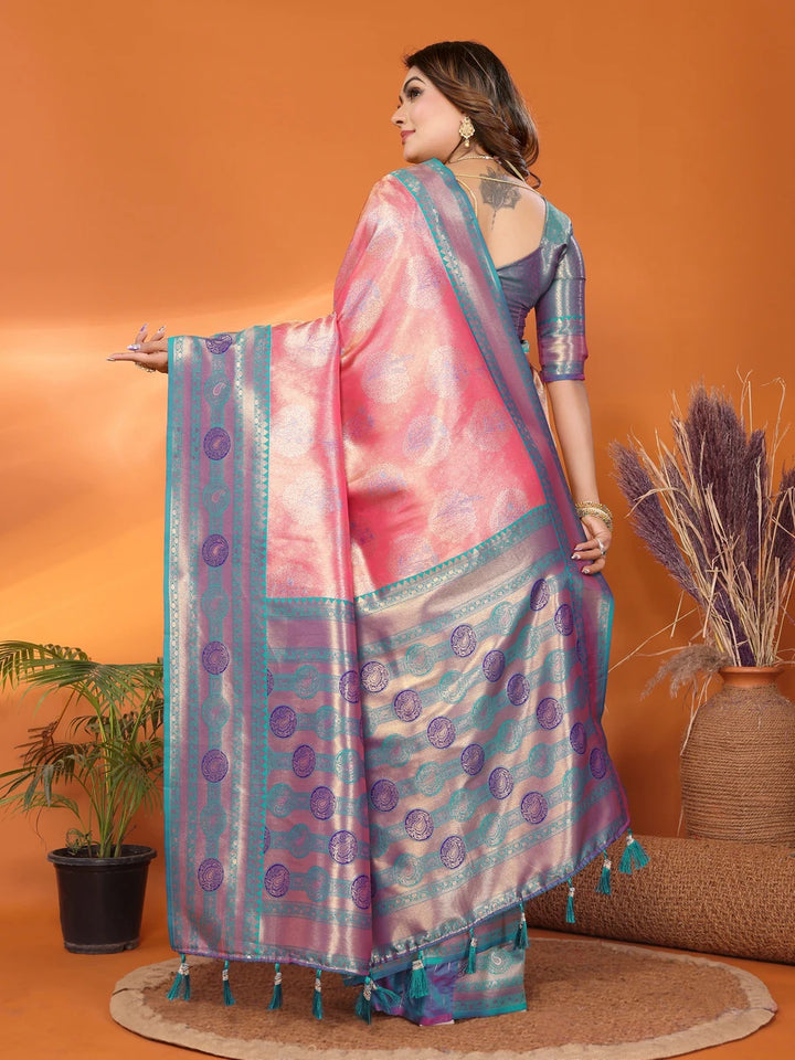 Buy Peach Banarasi Tissue Silk Saree with Paithani Design