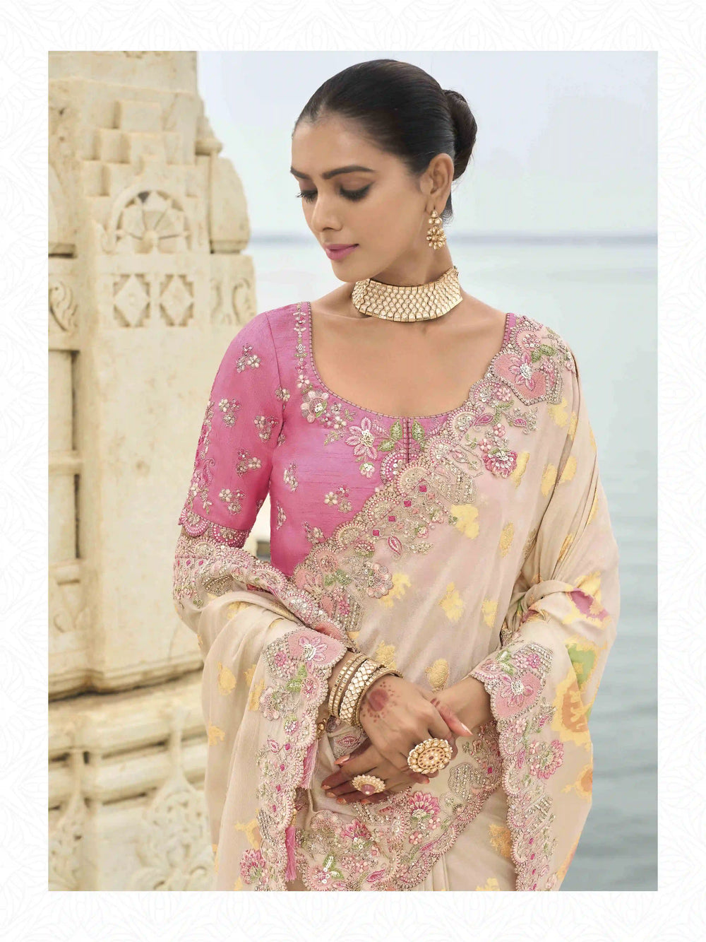 Buy Peach Pink Viscose Silk Saree  