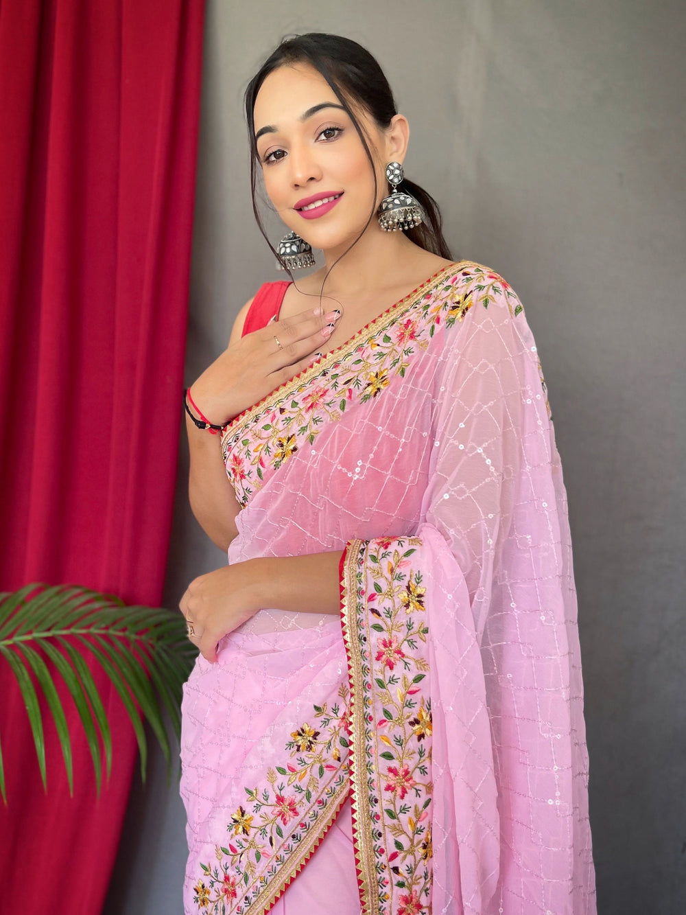Buy Pink Sequins Georgette Saree with Blouse at SilverBin