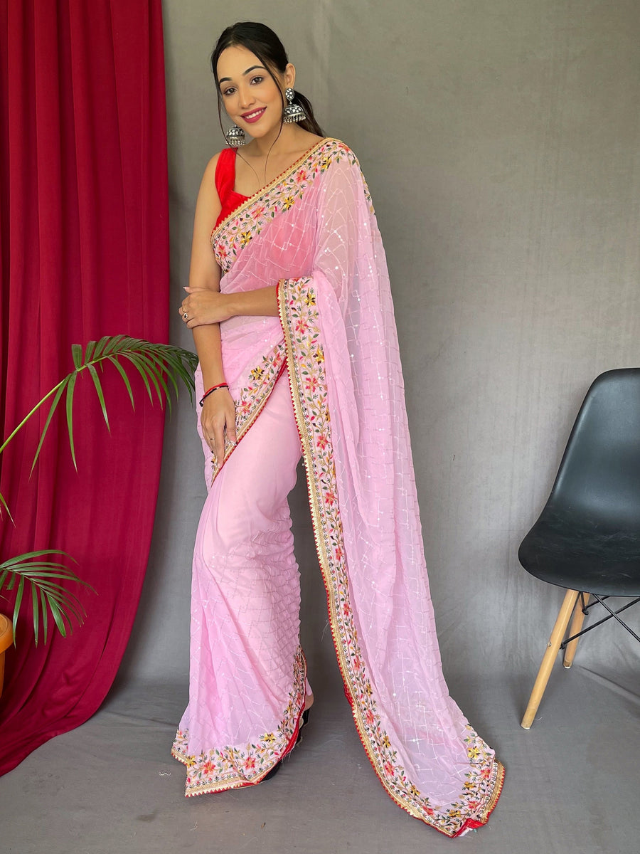 Buy Pink Sequins Georgette Saree with Blouse at SilverBin