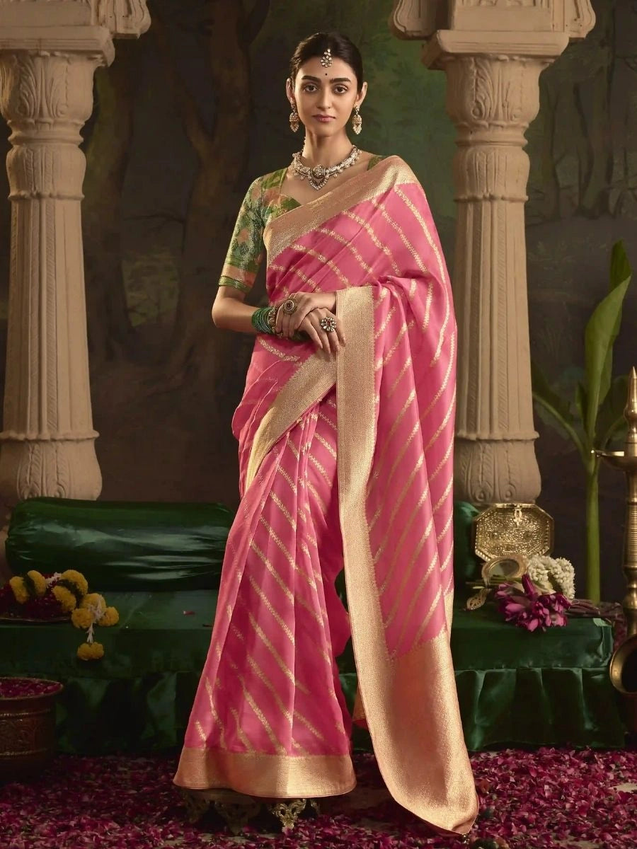Buy Pink Silk Saree with Fancy Woven Pallu | SilverBin
