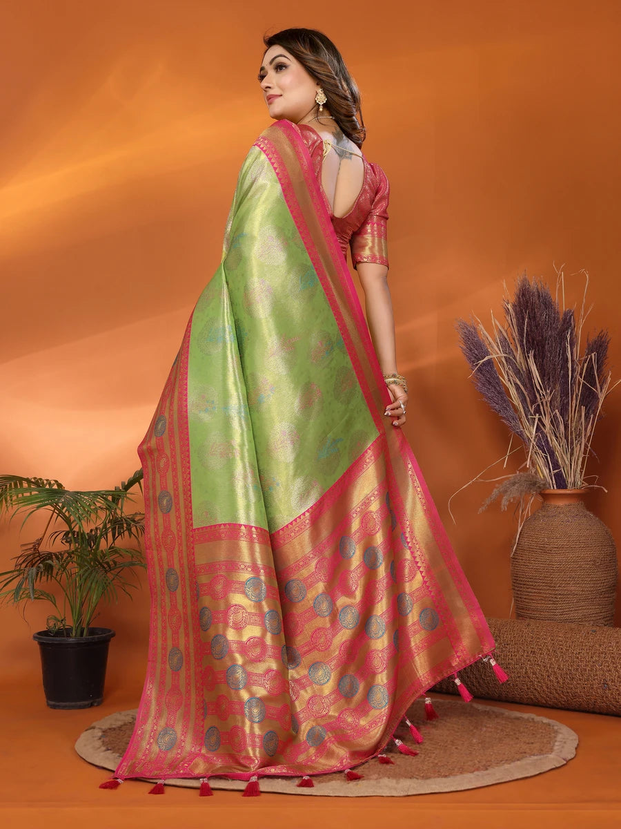 Buy Pista Green Banarasi Tissue Silk Saree with Paithani Design