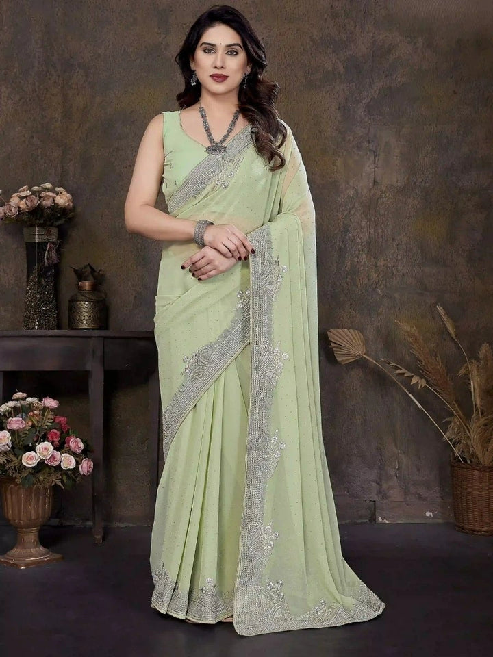 Pista Green Georgette Saree with Elegant Zari & Stone Embroidery | Silverbin
