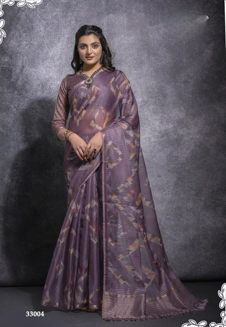 Buy Purple Linen Saree with Zari & Digital Work