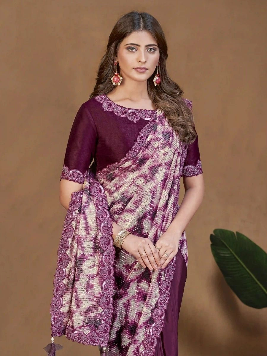 Buy Purple Satin Silk Saree with Raw Silk Blouse  
