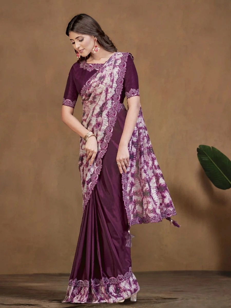 Buy Purple Satin Silk Saree with Raw Silk Blouse | SilverBin
