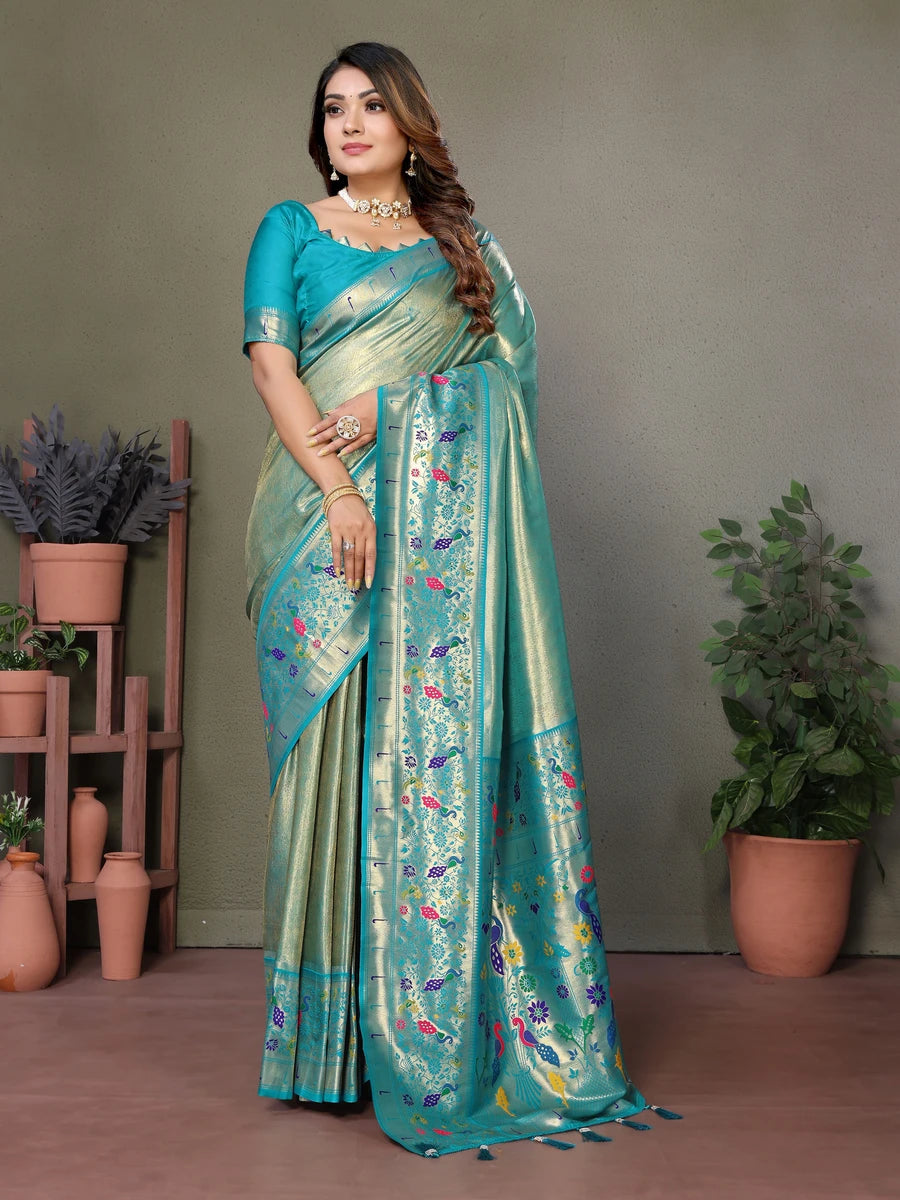 Buy Rama Luxurious Banarasi Tissue Silk Saree with Paithani Designer Work Blouse
