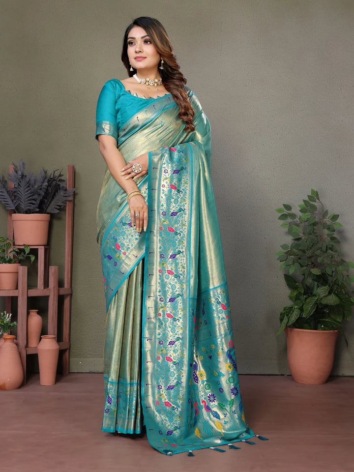 Buy Rama Luxurious Banarasi Tissue Silk Saree with Paithani Designer Work Blouse
