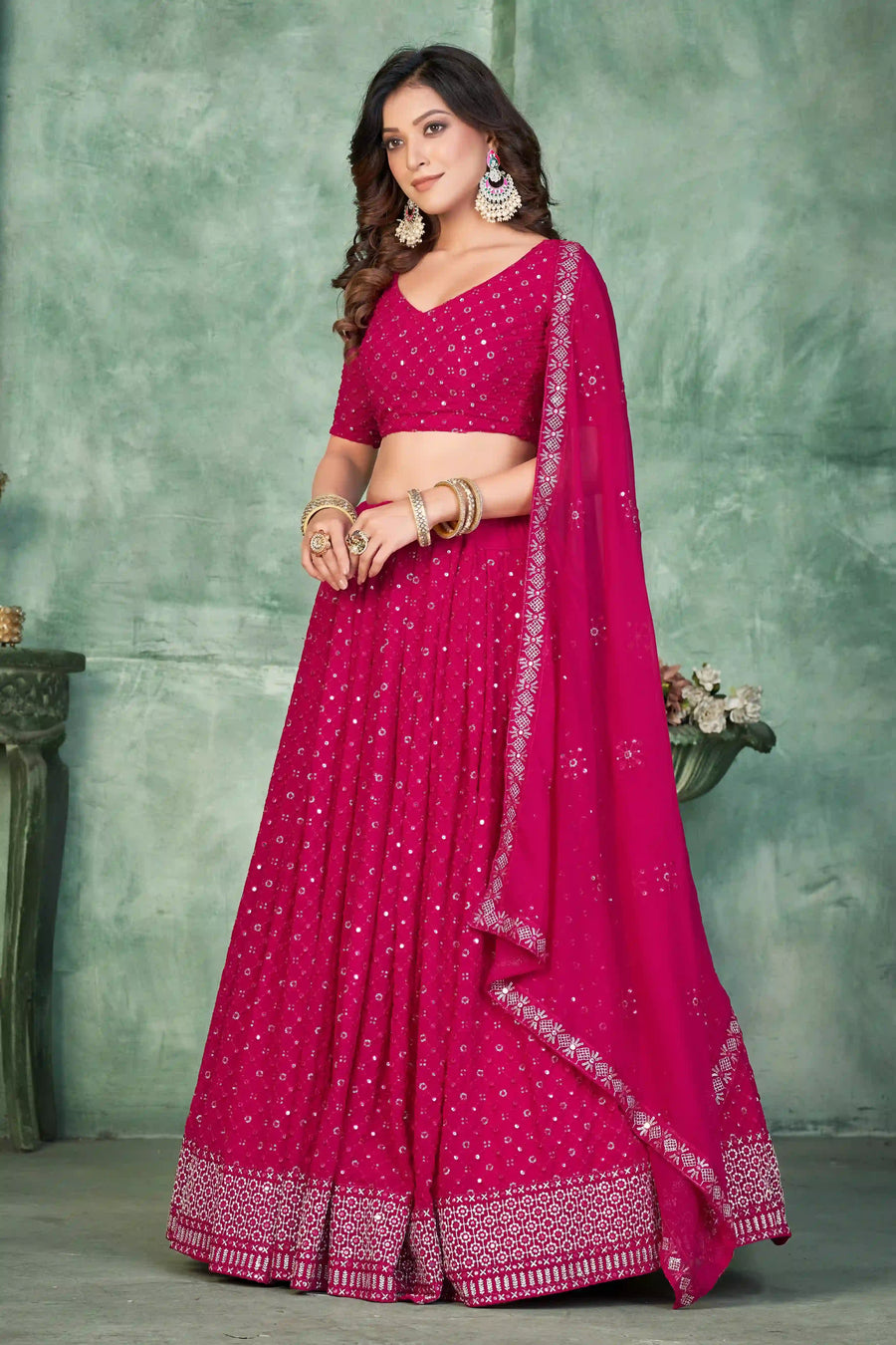 Buy Rani Pink Georgette Lehenga Choli | Embroidered Wedding Wear