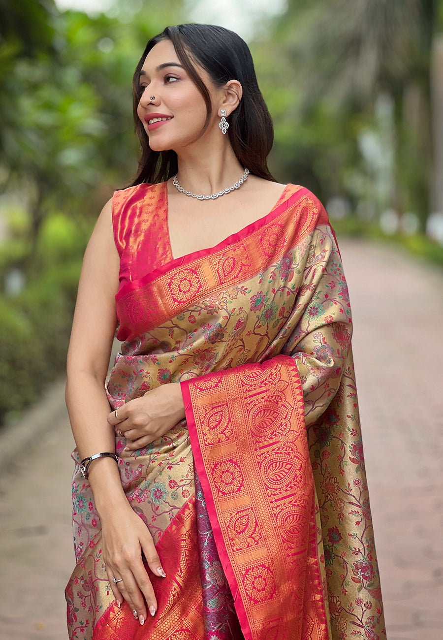 Buy Raspberry Beautiful Woven Silk Saree – Ideal Wedding & Party Wear

