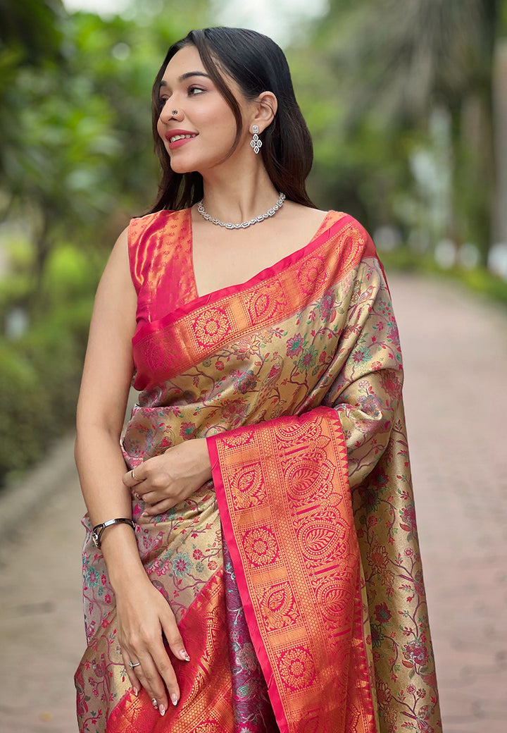Buy Raspberry Beautiful Woven Silk Saree – Ideal Wedding & Party Wear
