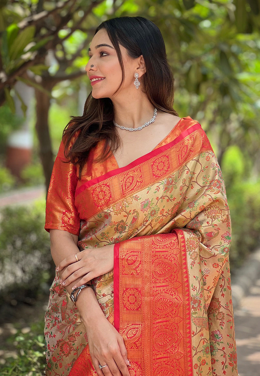 Buy Red Beautiful Woven Silk Saree – Ideal Wedding & Party Wear
