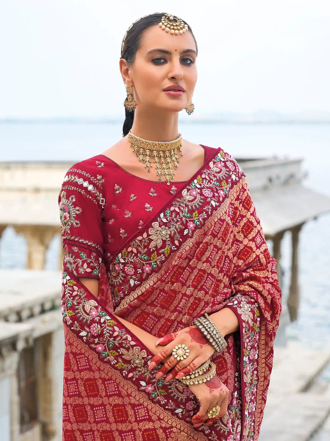 Red Dola Silk Saree with Bandhej, Thread & Mirror Work – Wedding Wear