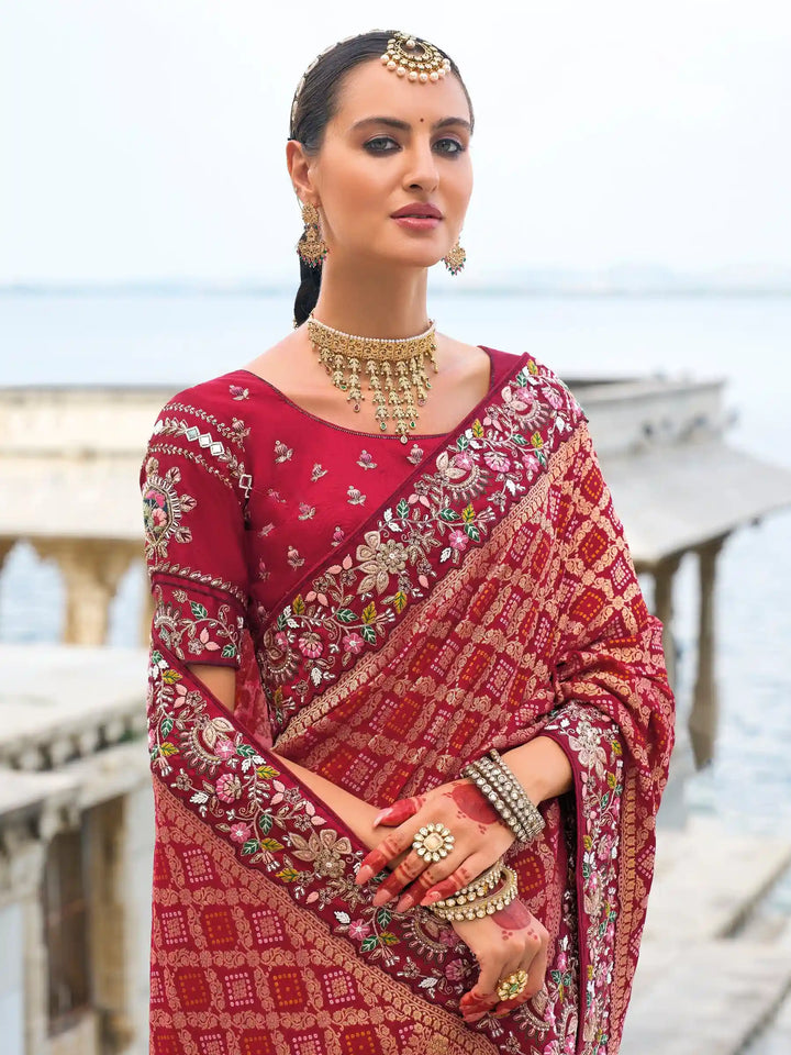 Red Dola Silk Saree with Bandhej, Thread & Mirror Work – Wedding Wear