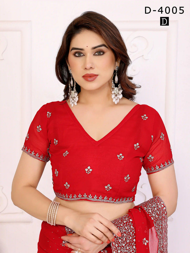 Buy Red Georgette Saree with Elegant Zari & Stone Embroidery | Silverbin

