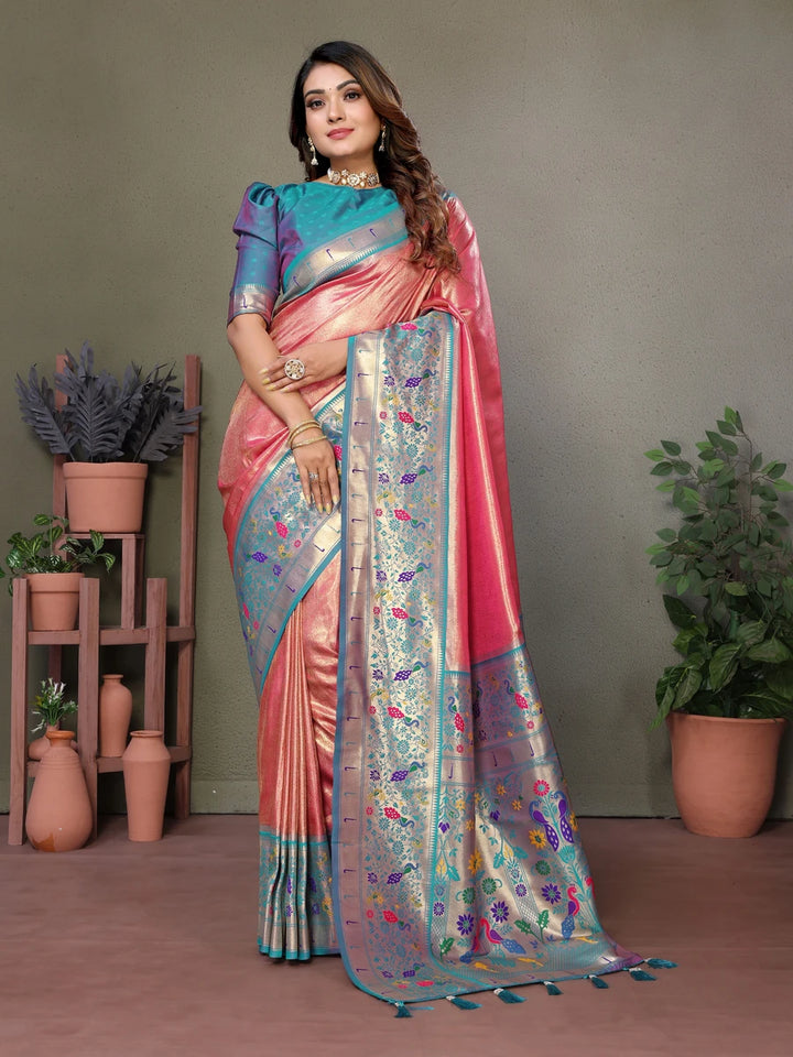 Buy Red Orange Luxurious Banarasi Tissue Silk Saree with Paithani Designer Work Blouse
