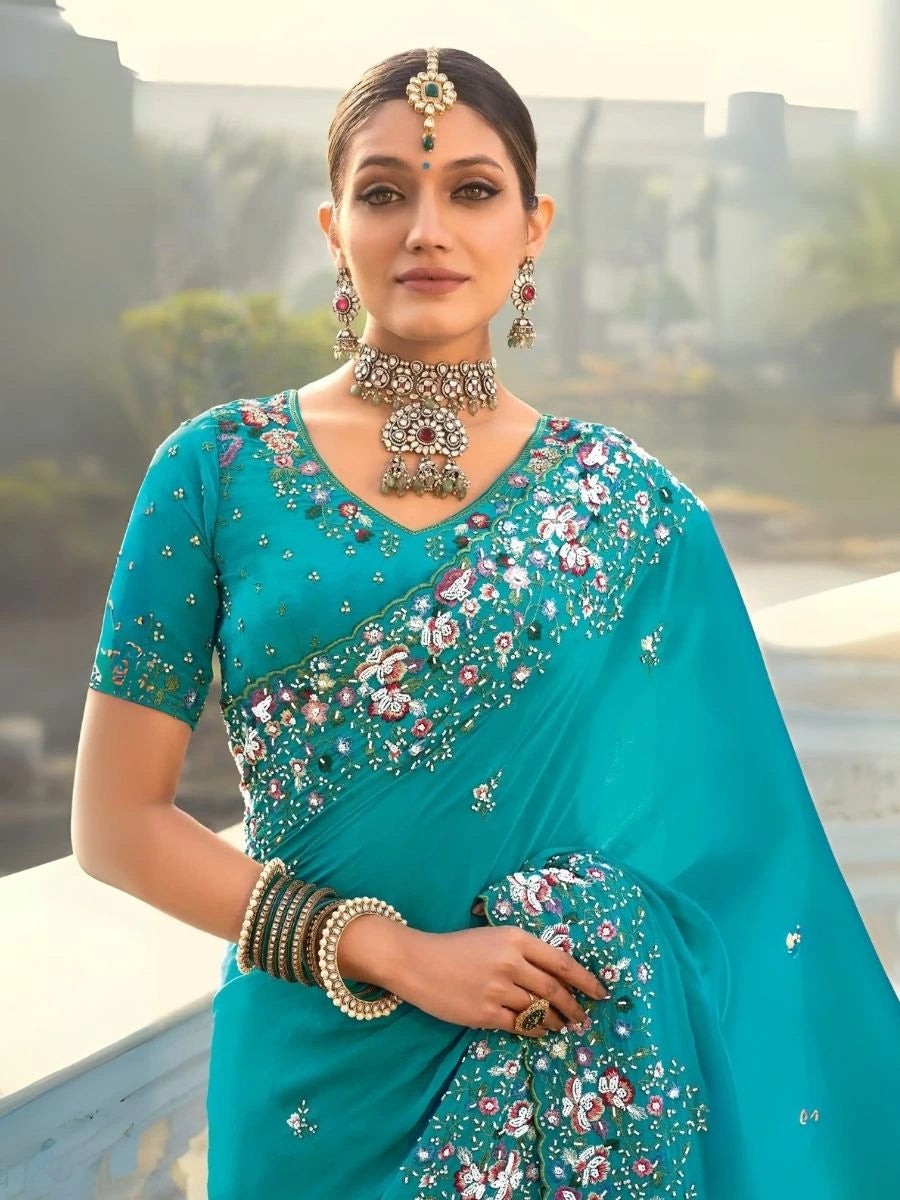 Buy Sea Blue Pure Crape Saree with Heavy Work 