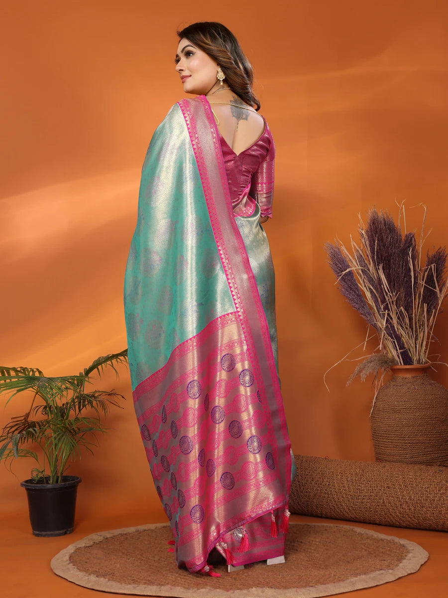 Buy Sea Green Banarasi Tissue Silk Saree with Paithani Design