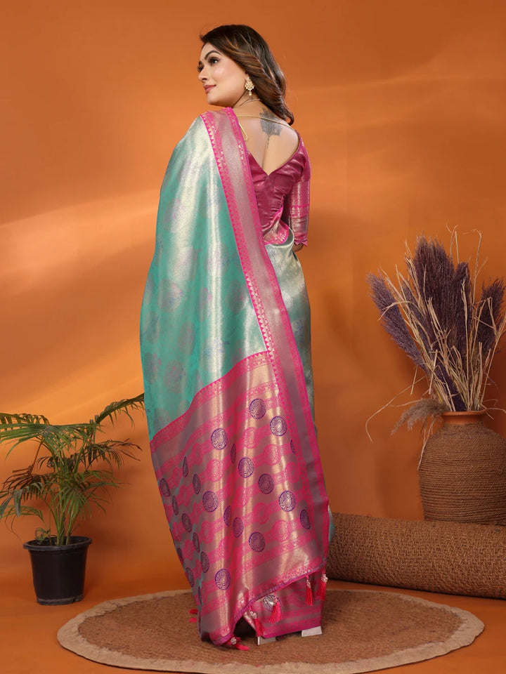Buy Sea Green Banarasi Tissue Silk Saree with Paithani Design