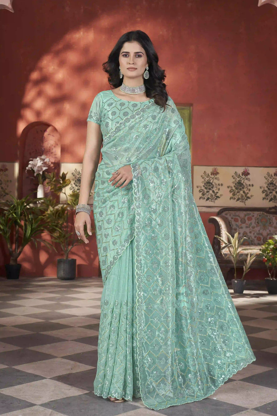 Buy Sea Green Tissue Net Saree with Sequins at Best Prices from SilverBin

