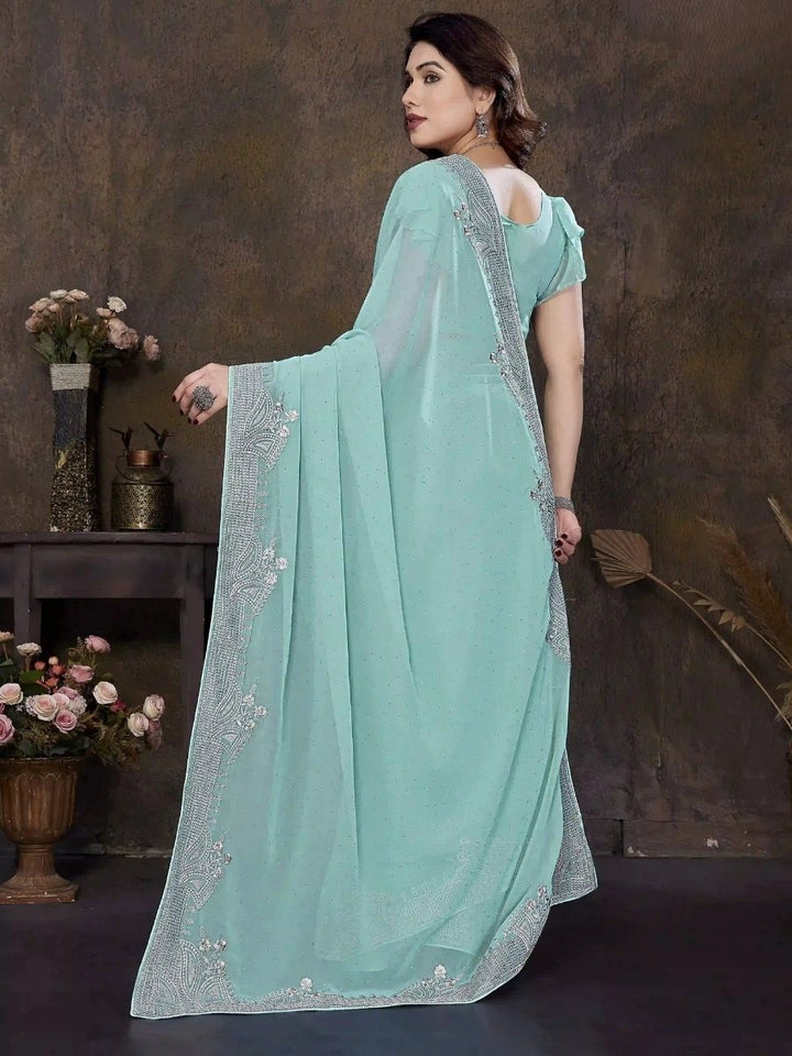 Buy Sky Blue Georgette Saree with Zari & Stone Work | Silverbin
