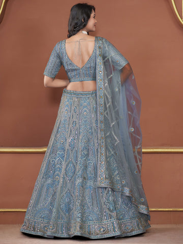 Buy Sky Blue Jarkan Work Net Engagement Lehenga Choli SilverBin