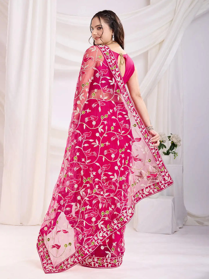 Buy Soft Net Party Wear Dark Pink Saree with Thread Embroidery & Mono Banglori Blouse

