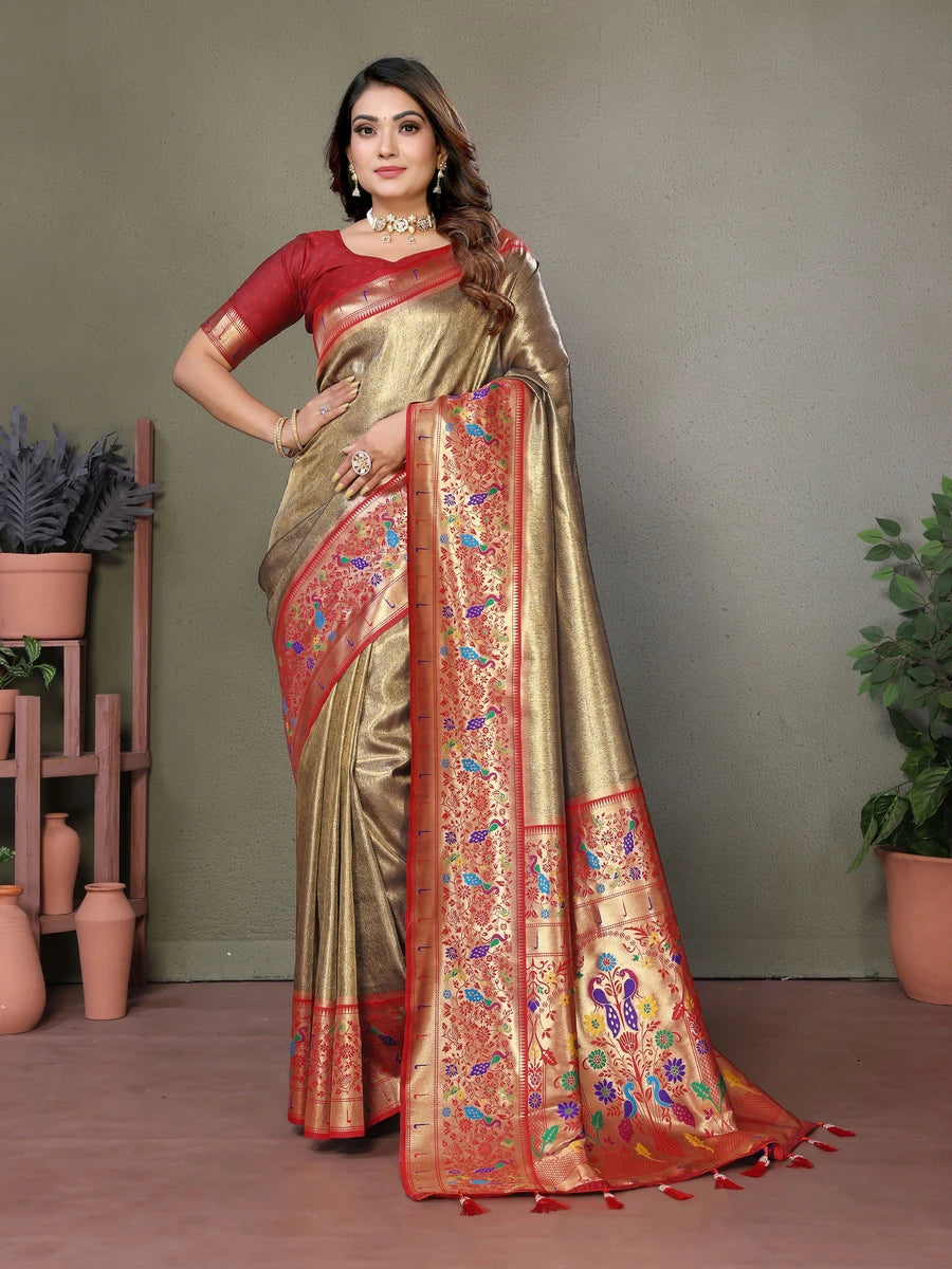 Buy Tawny Brown Luxurious Banarasi Tissue Silk Saree with Paithani Designer Work Blouse
