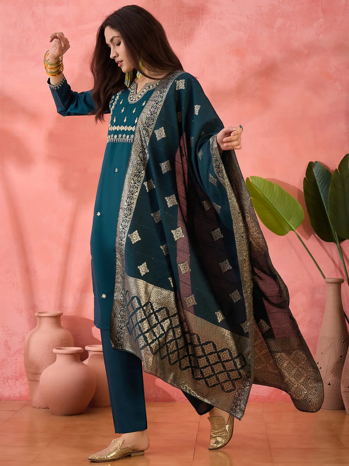 Buy Teal Blue Roman Silk Suit Online