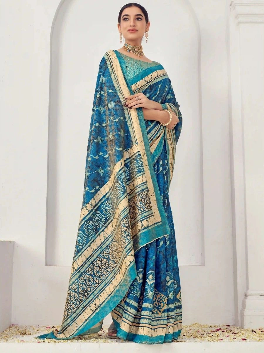 Buy Teal Blue Silk Viscose Saree with Jacquard Zari