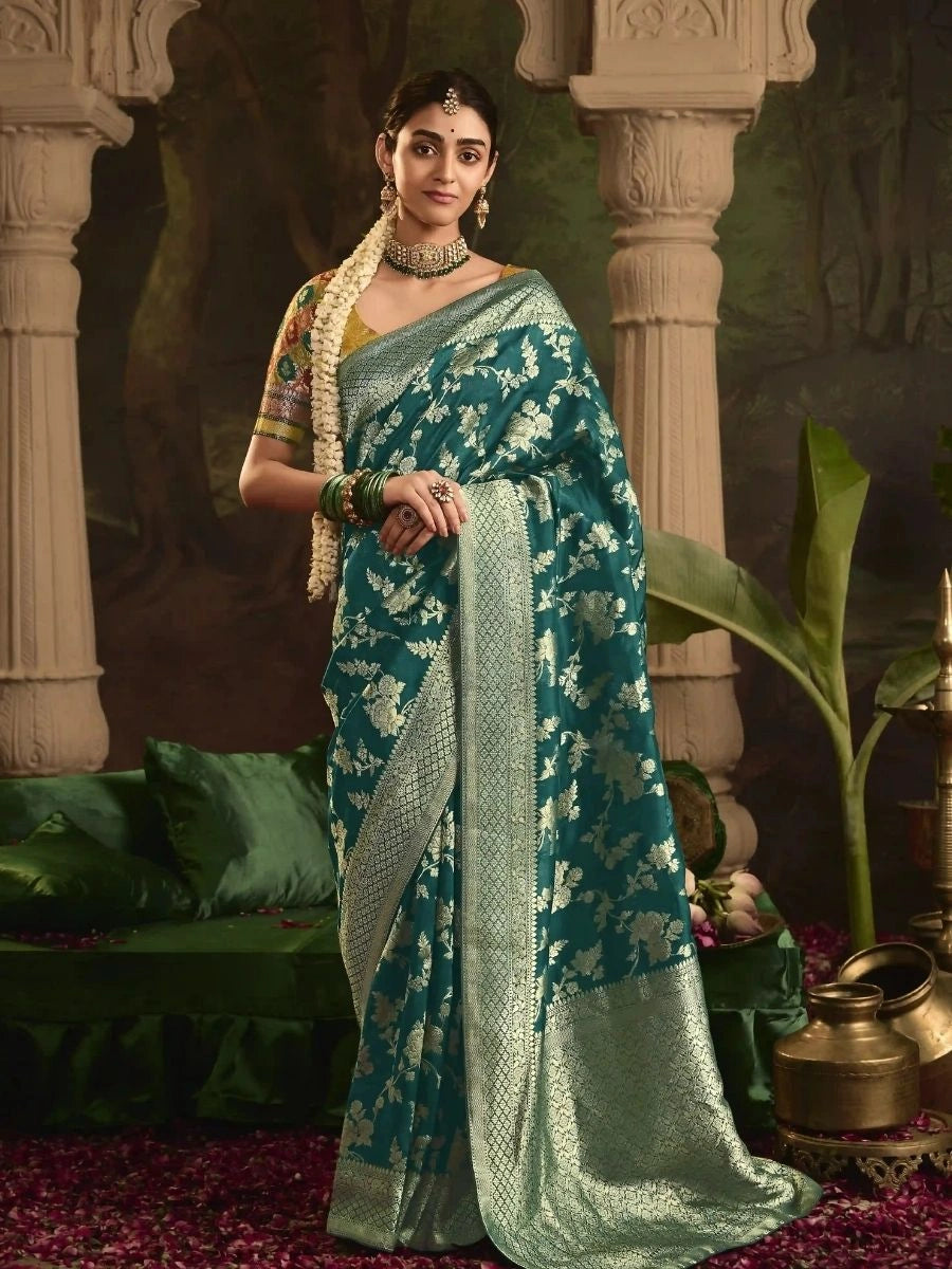 Buy Teal Crepe Dola Saree with Stylish Weaving | SilverBin
