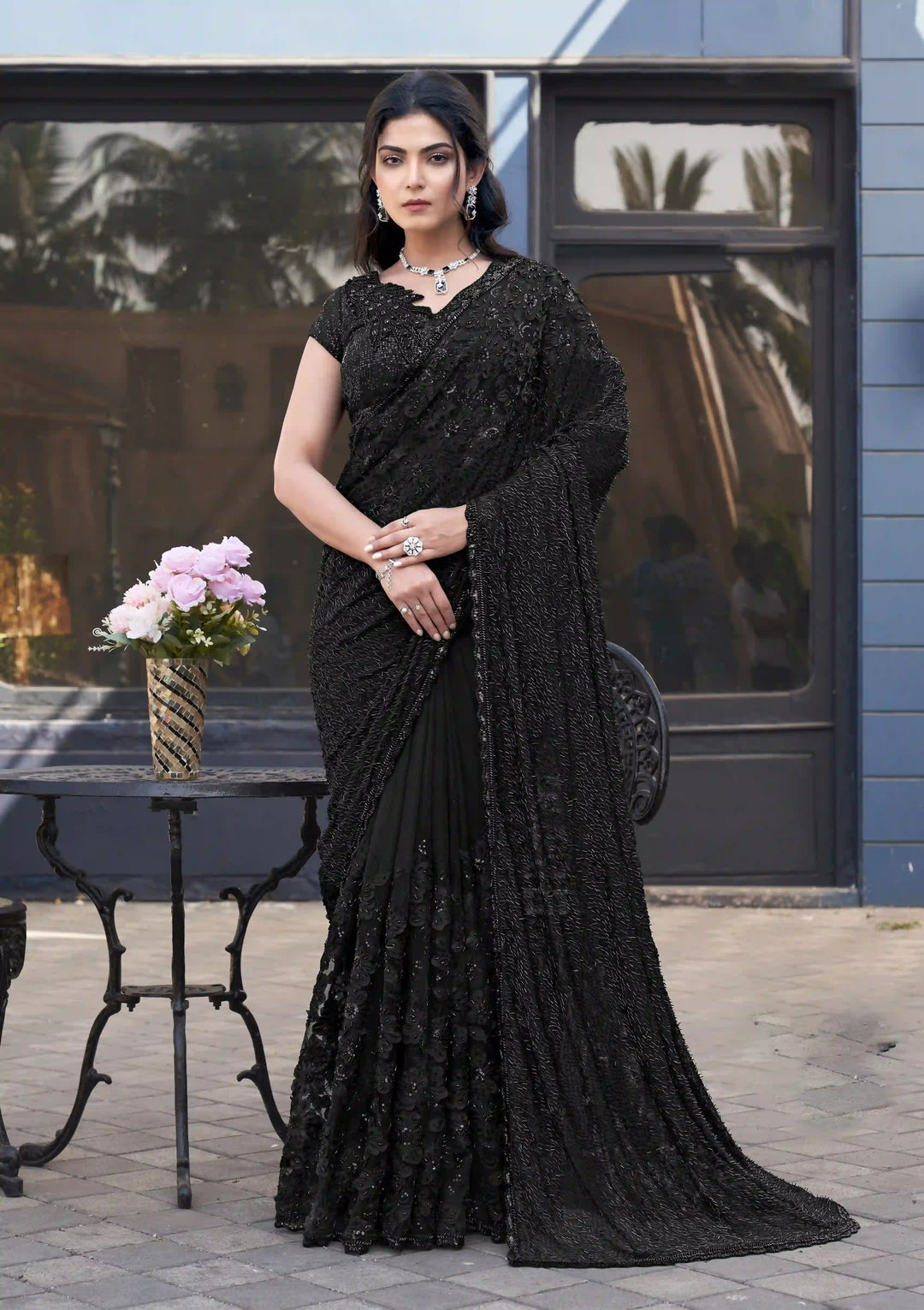 Buy Timeless Elegant Armani Tulle Black Saree