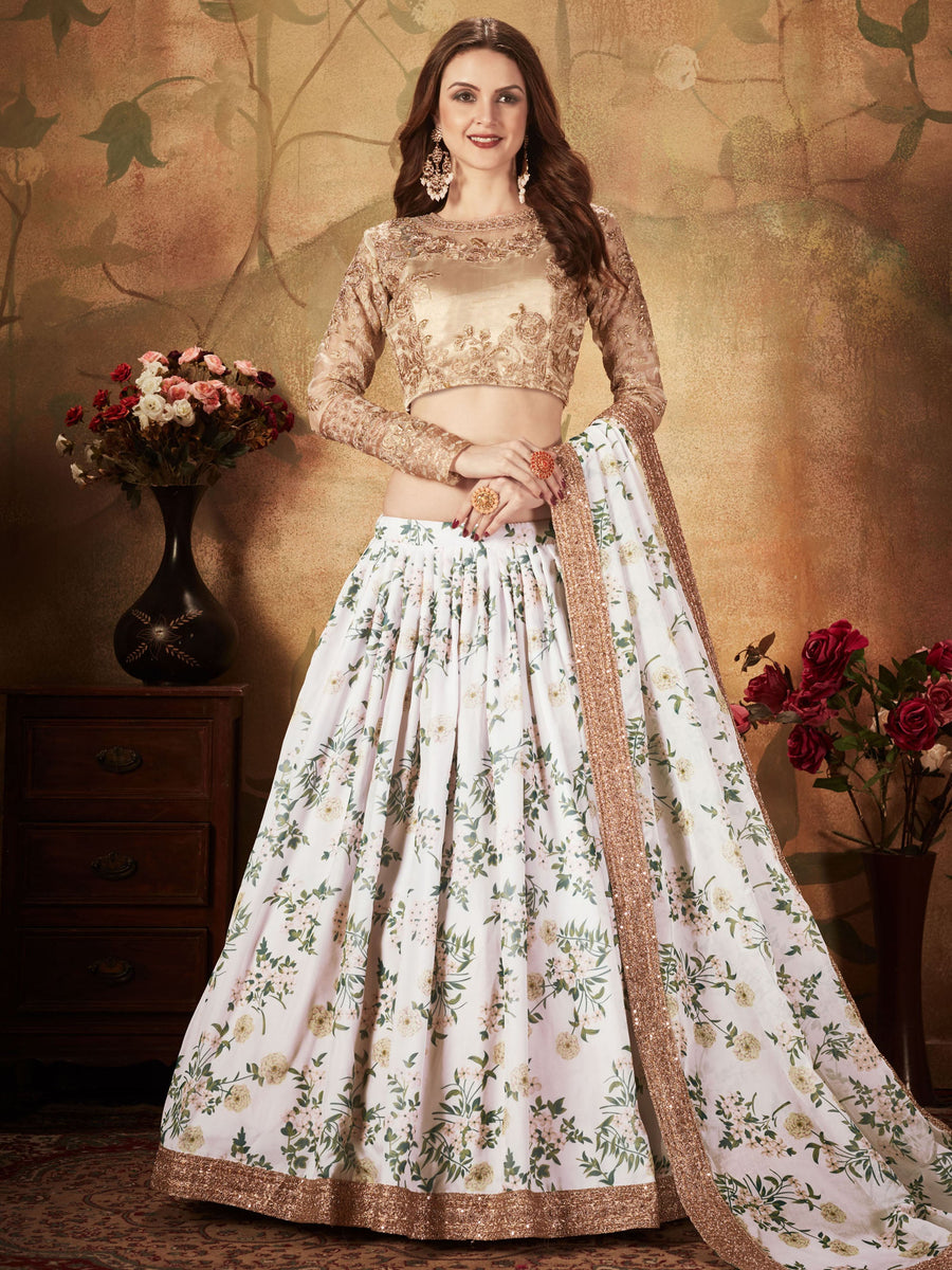 Buy White Floral Printed Organza Lehenga Choli