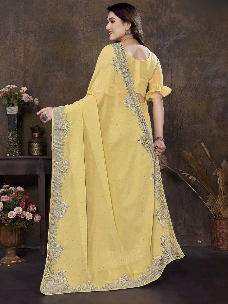 Buy Yellow Georgette Saree with Zari & Stone Work | Silverbin
