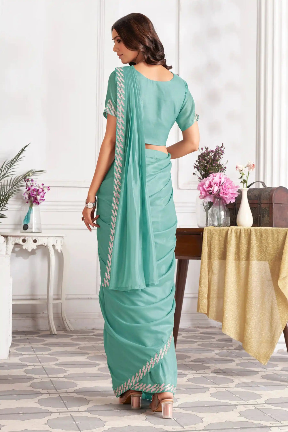 Buy aqua green satin silk embroidered saree

