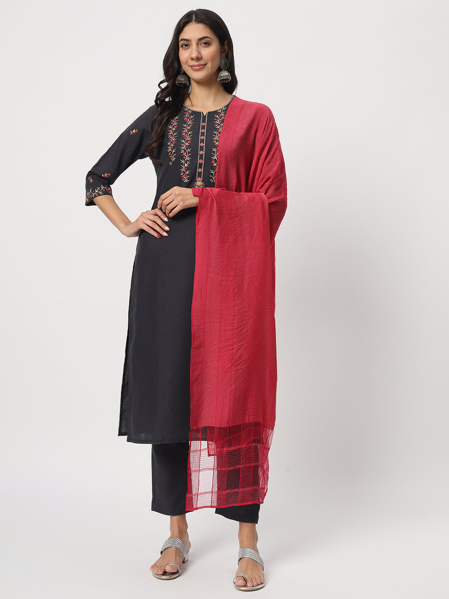 Buy black cotton suit with viscose dupatta SilverBin

