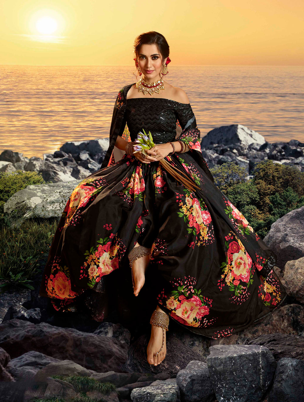 Buy black floral printed lehenga choli set in organza fabric