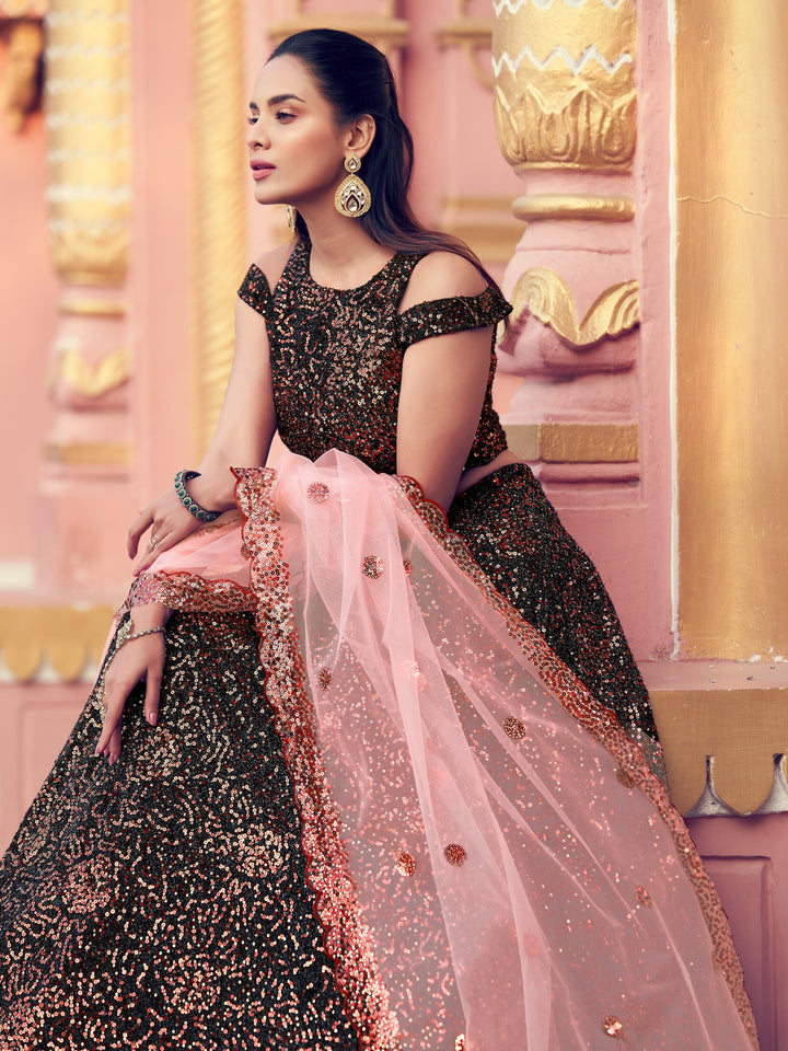 Buy black lehenga with sparkling details and peach dupatta for special events