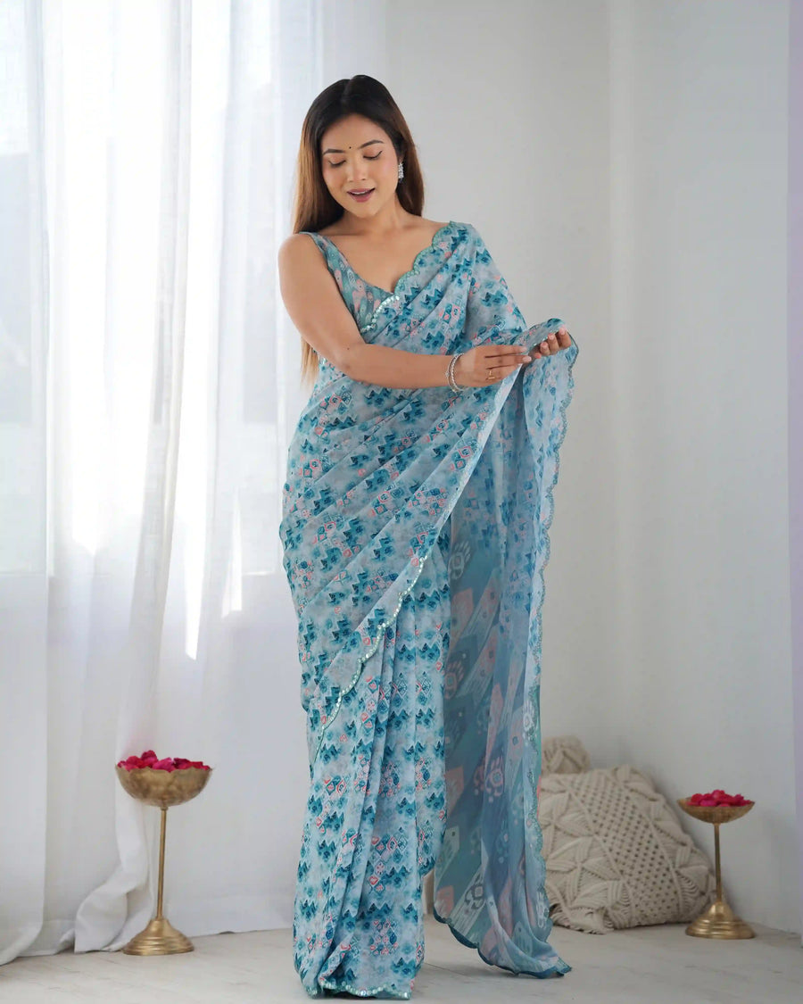 Buy designer blue Chinon saree best prices with SilverBin
