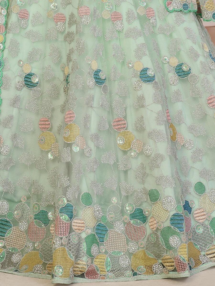 Buy designer mint lehenga in net fabric with thread detailing
