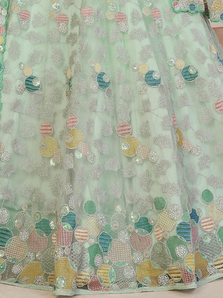 Buy designer mint lehenga in net fabric with thread detailing