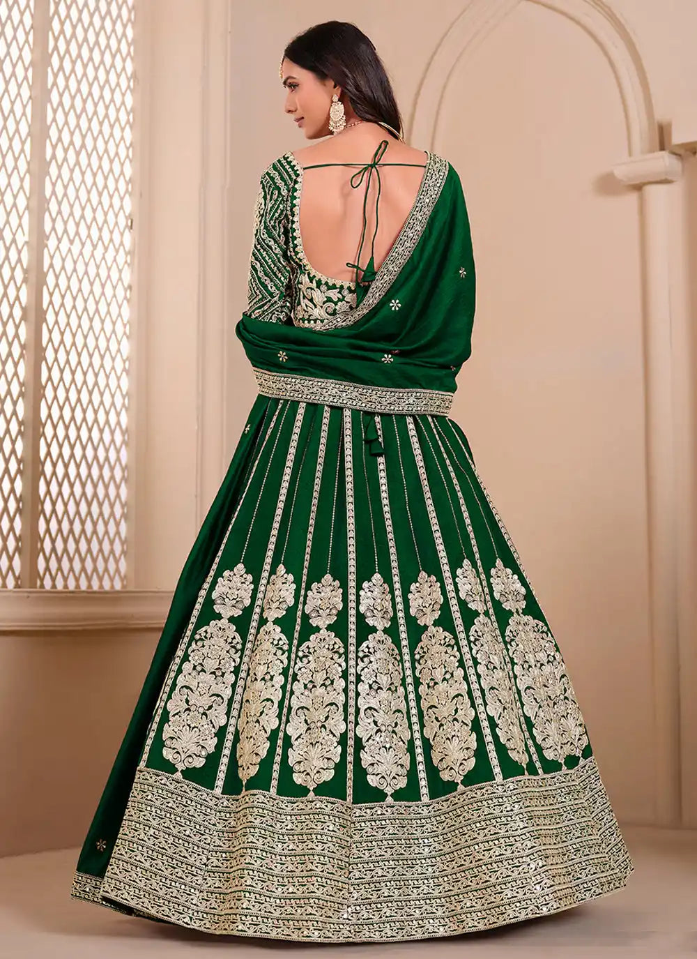 Buy green ethnic shimmer silk lehenga set designer embroidery SilverBin

