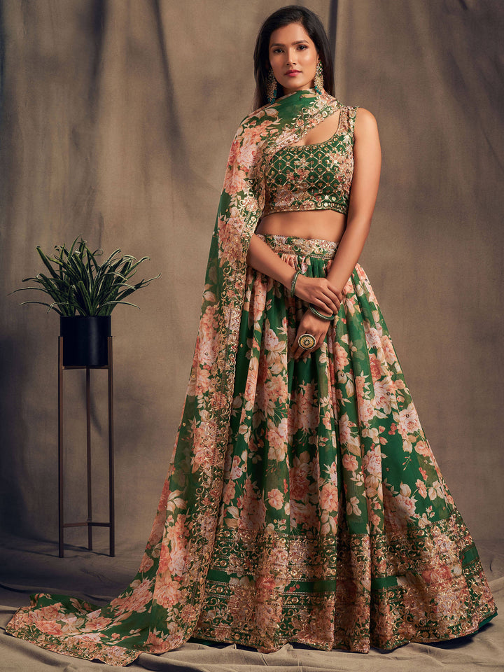 Buy green organza lehenga choli with floral print for special occasions