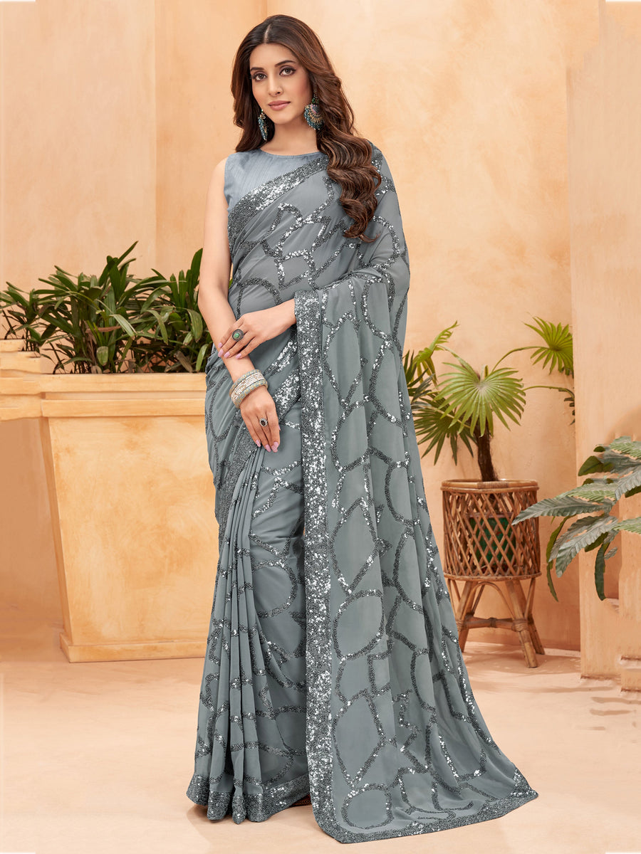 Buy grey sequins saree Silverbin

