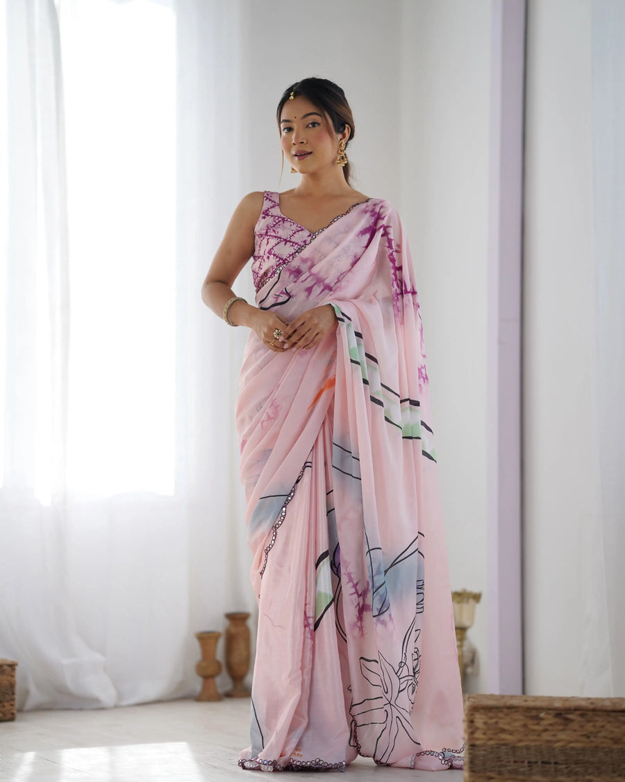 Buy light pink chinon saree with mirror work – Best at prices, SilverBin

