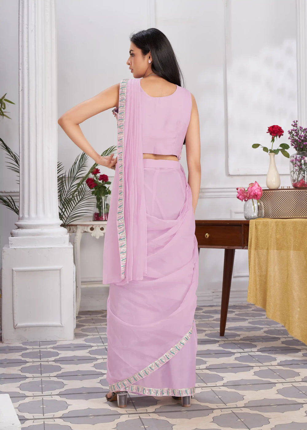 Buy mauve shimmer georgette saree with sequins

