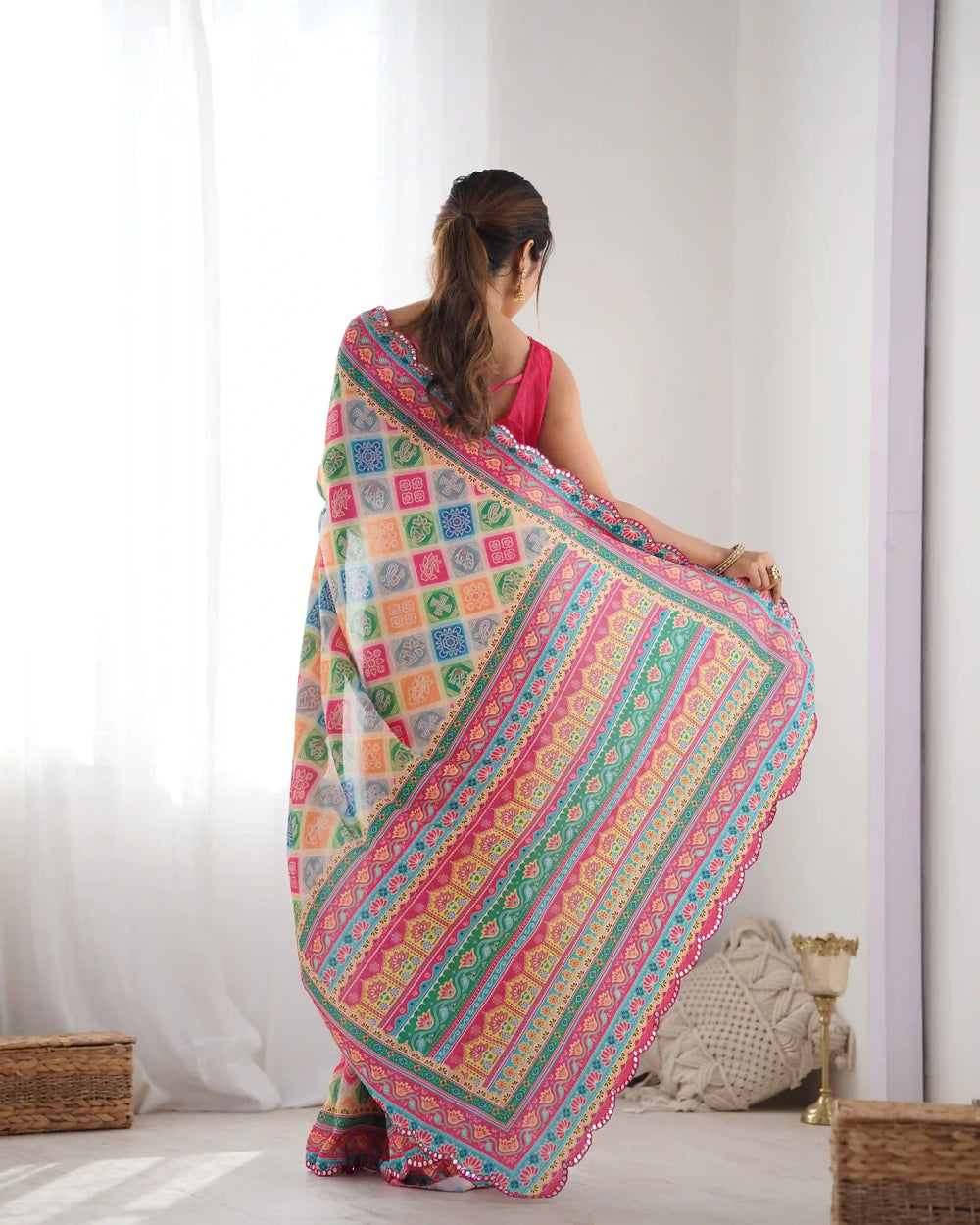Buy multicolor chinon saree with digital print – Best at prices, SilverBin
